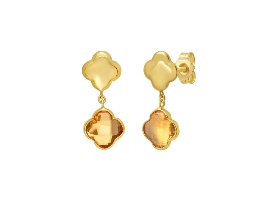 Clover citrine earrings in solid 14K yellow gold, view 2