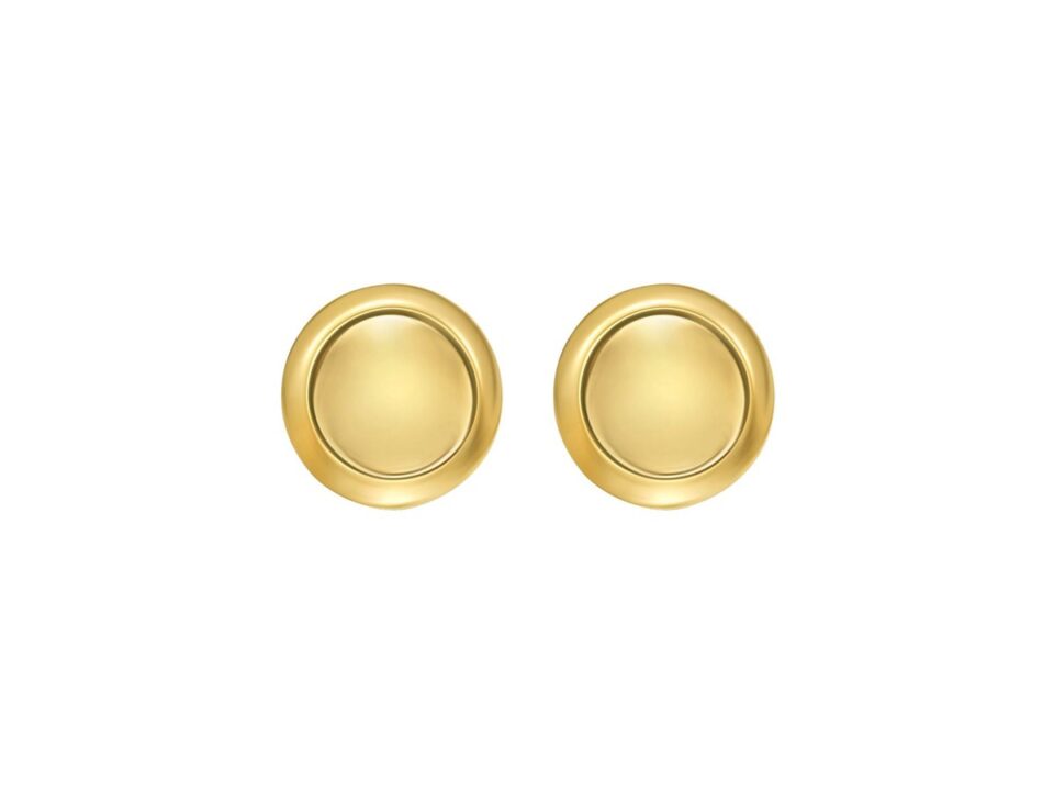 Button polished stud earrings in solid 14K yellow gold, view 2