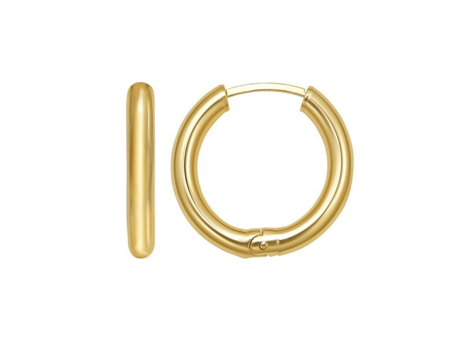 Polished round hoop hinged in solid 14K yellow gold, view 2