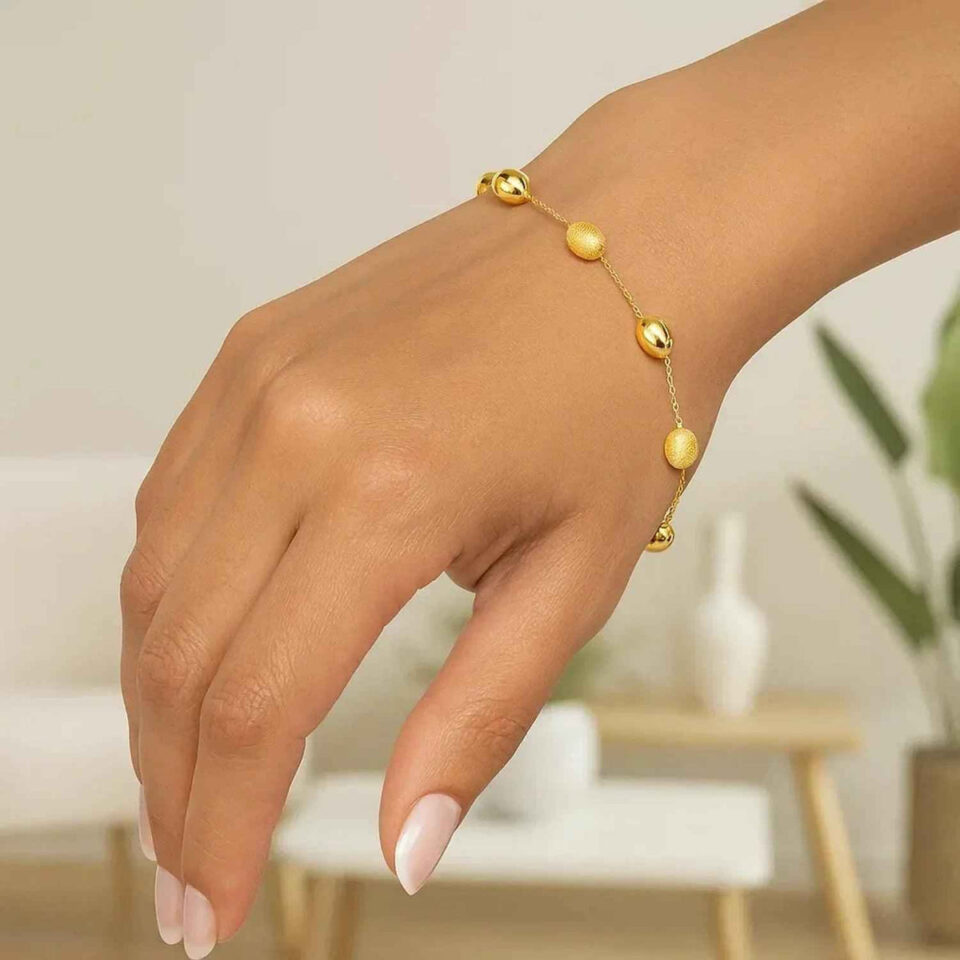 6.35mm textured polished bracelet in solid 14K yellow gold, view 5