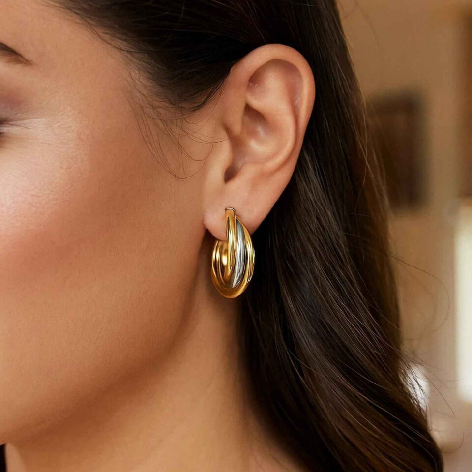 14K Two-Tone Gold Hoop Earrings Triple