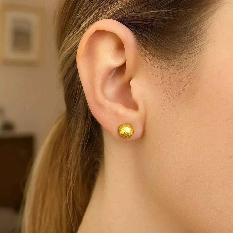 14K Yellow Gold Ball Faceted Texture Earrings, 7 mm
