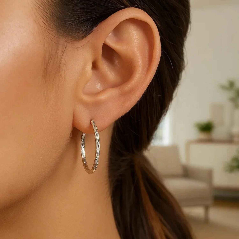 14K White Gold Hoop Earrings 2x30mm