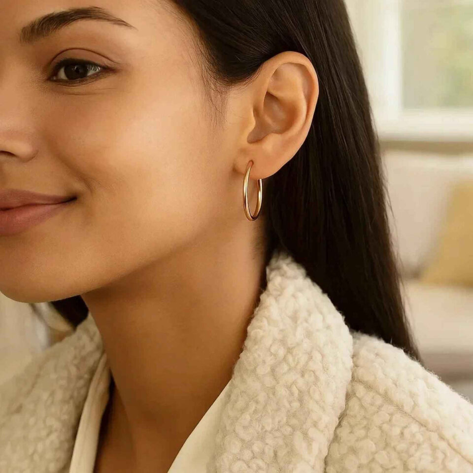3x25mm polished hoop earrings in solid 14K rose gold, view 3
