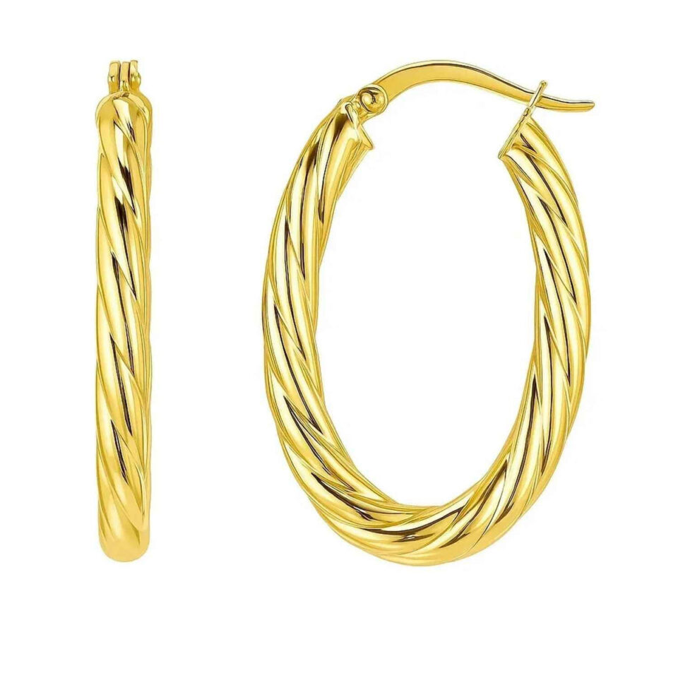 14K Yellow Gold Oval Twisted Hoop Earrings Cable