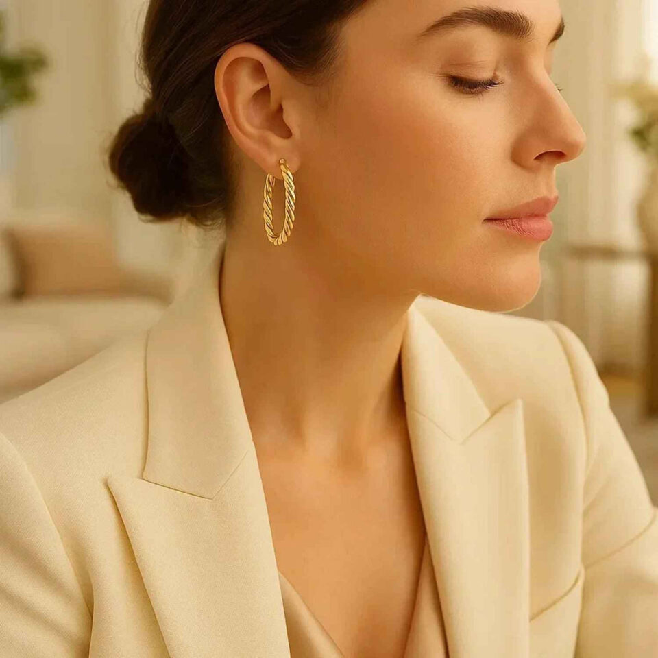 14K Yellow Gold Oval Twisted Hoop Earrings Cable