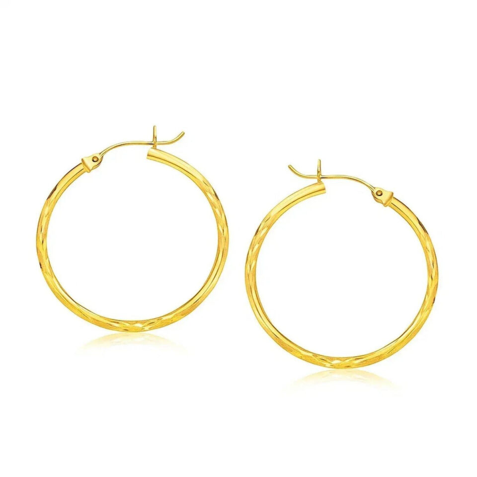2 × 30 mm diamond-cut slender large hoop earrings in solid 14K yellow gold