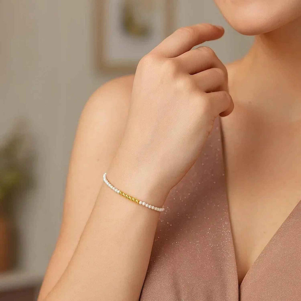 2.00mm bead pearl bracelet in solid 14K yellow gold, view 4