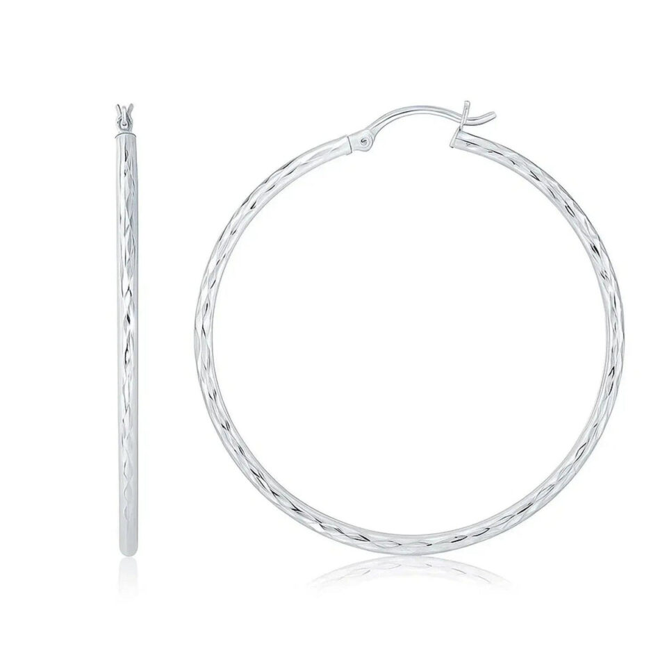 14K White Gold Diamond-Cut Hoop Earrings