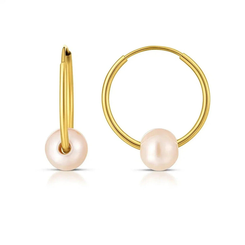 14K Yellow Gold Round Pearl Earrings 1x14mm
