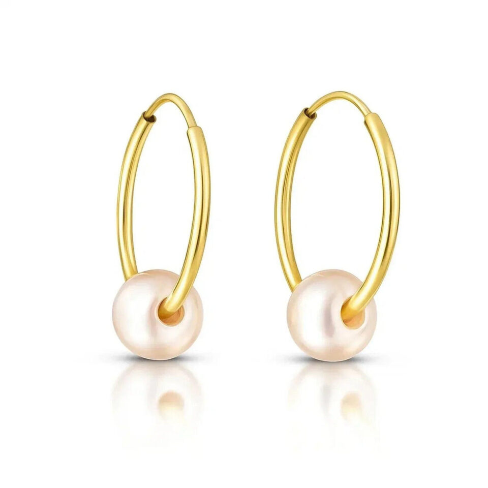 14K Yellow Gold Round Pearl Earrings 1x14mm