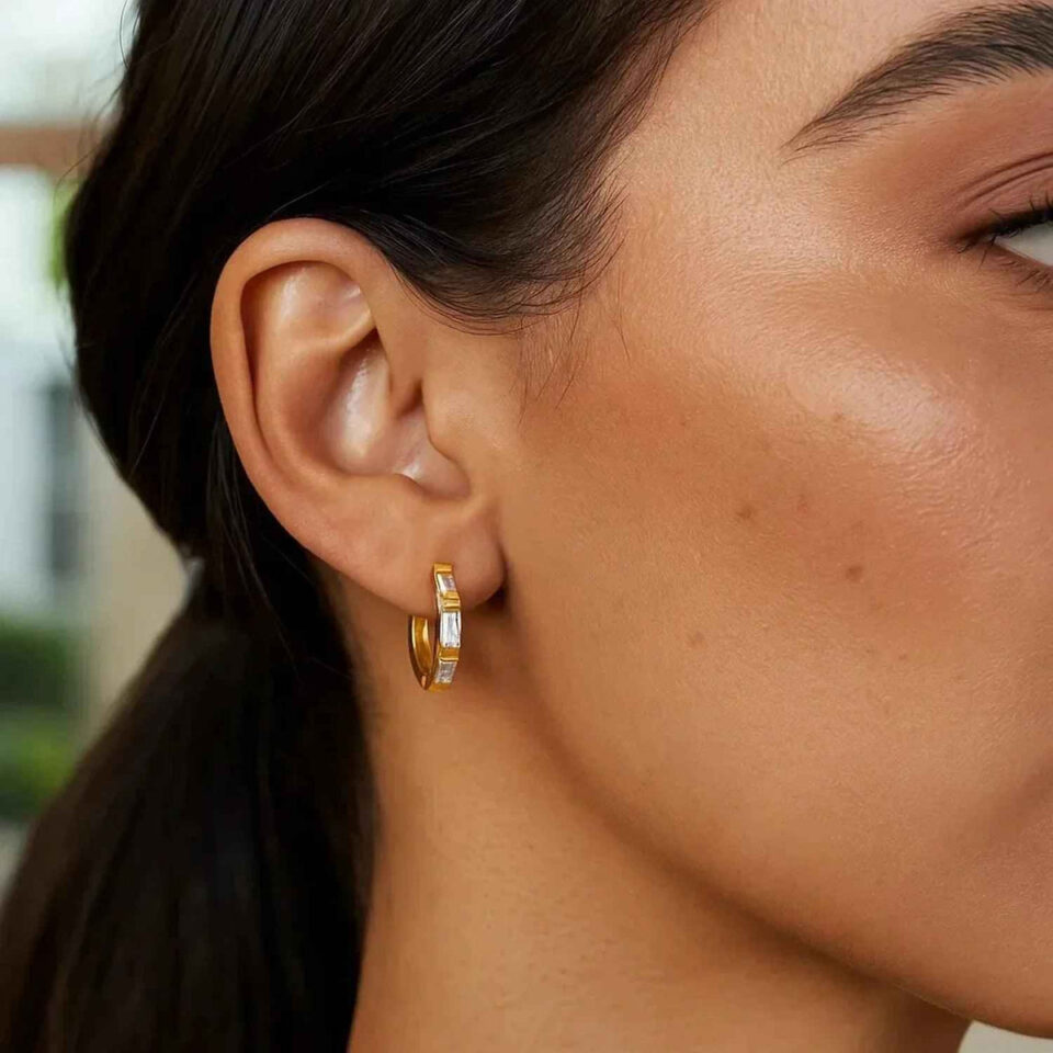 Cubic zirconia hoop earrings in solid 14K yellow gold, view 3