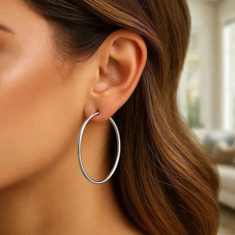 2x50mm polished hoop earrings in solid 14K white gold, view 3