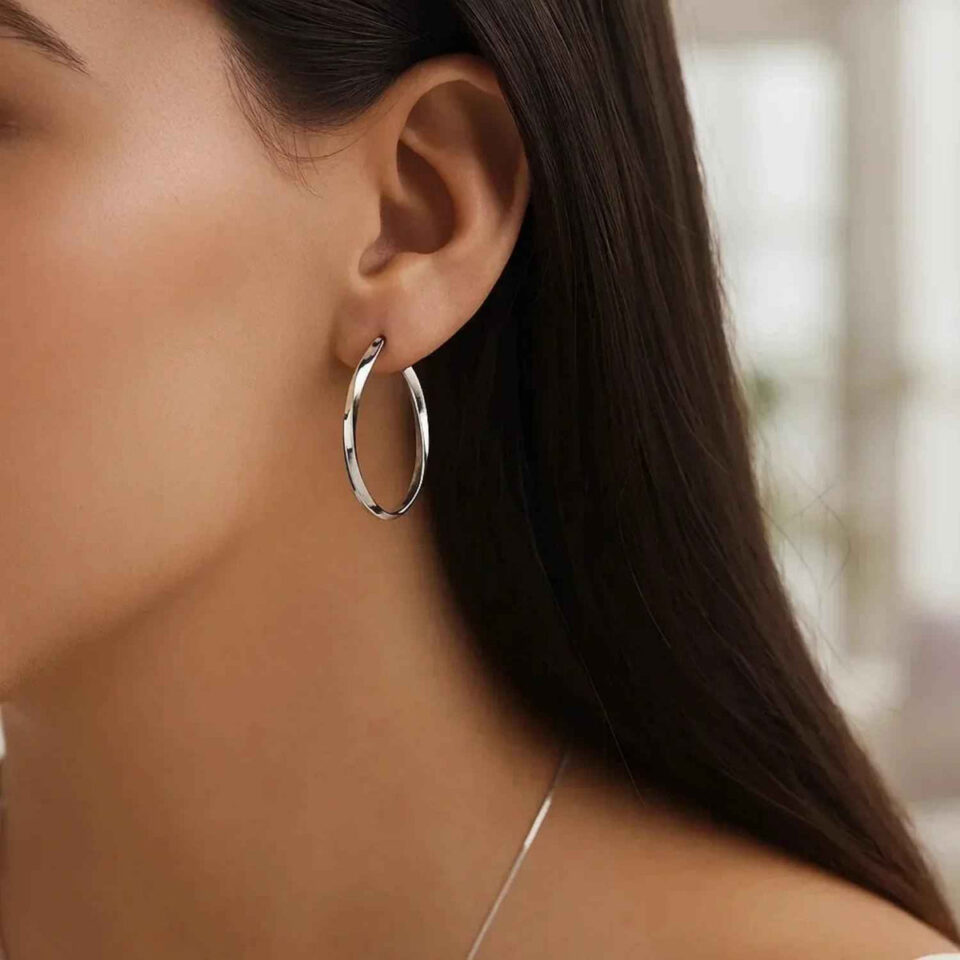 1.5x50mm twisted hoop earrings in solid 14K white gold, view 2