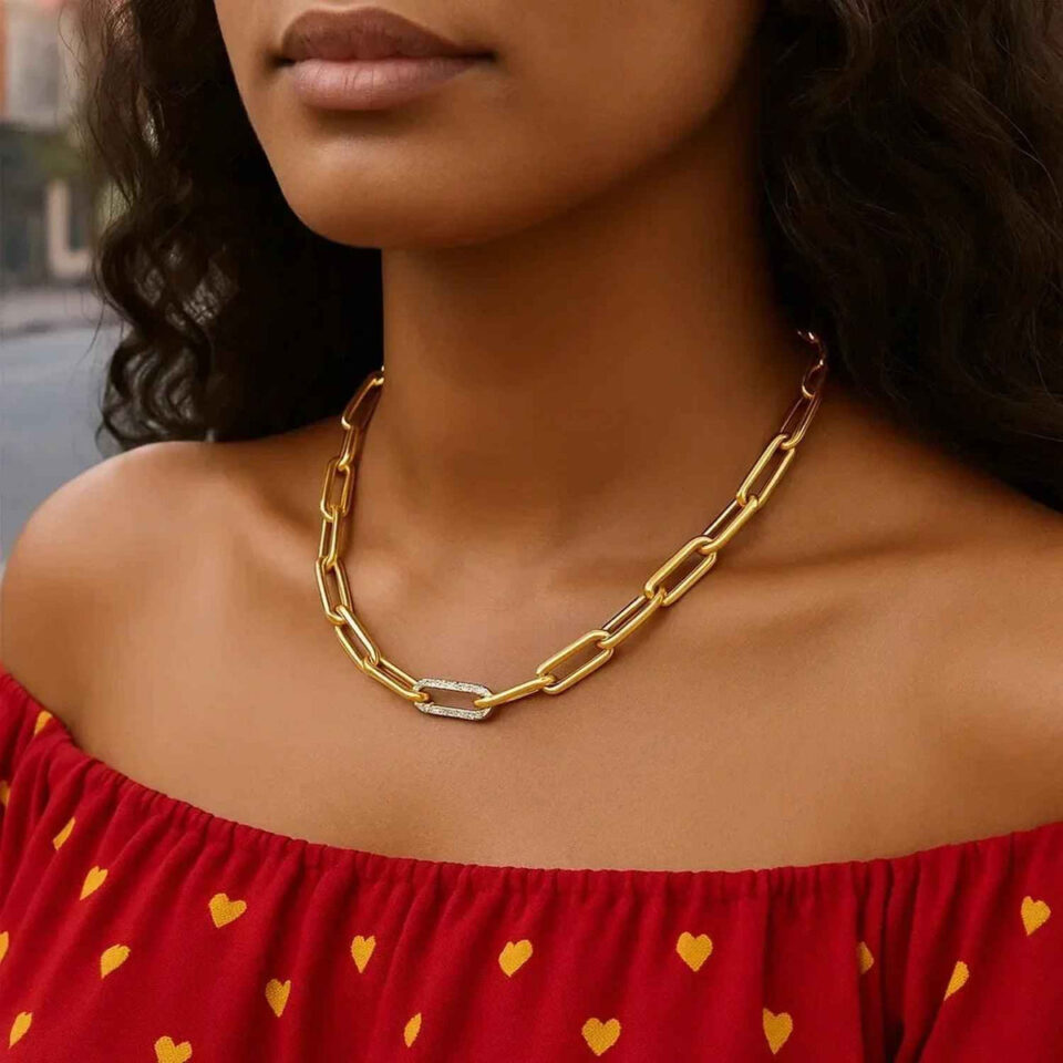 Paperclip lab-grown diamond necklace in solid 14K yellow gold, view 3