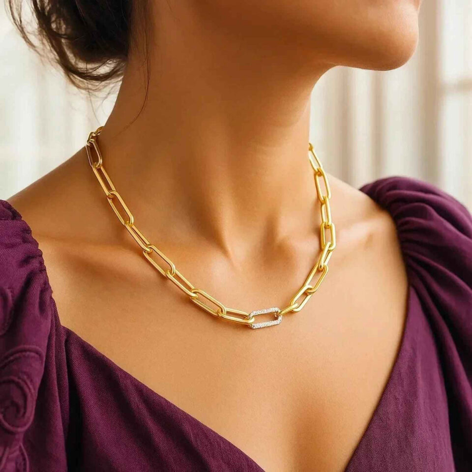 Paperclip lab-grown diamond necklace in solid 14K yellow gold, view 4