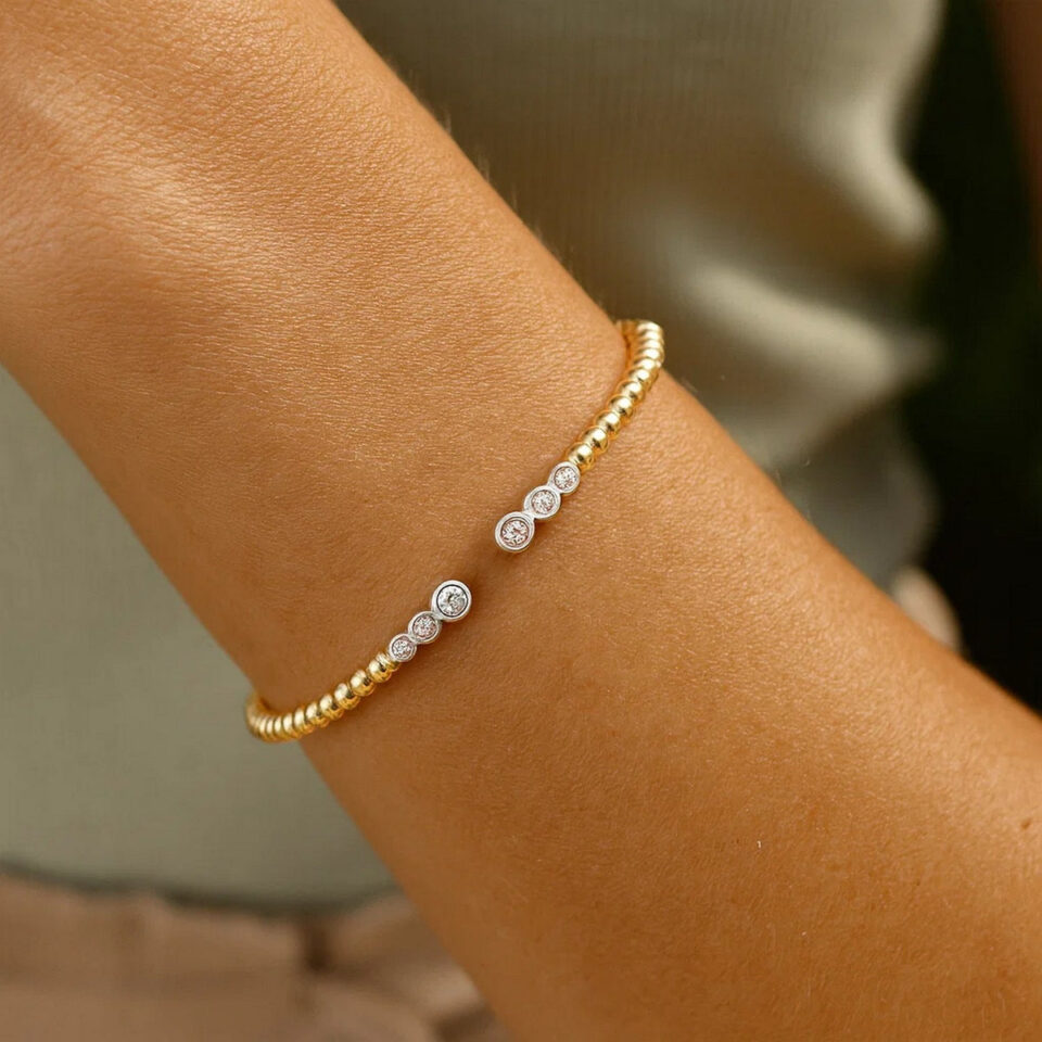 14K Two-Tone Gold Beaded Lab-Grown Diamond Bangle