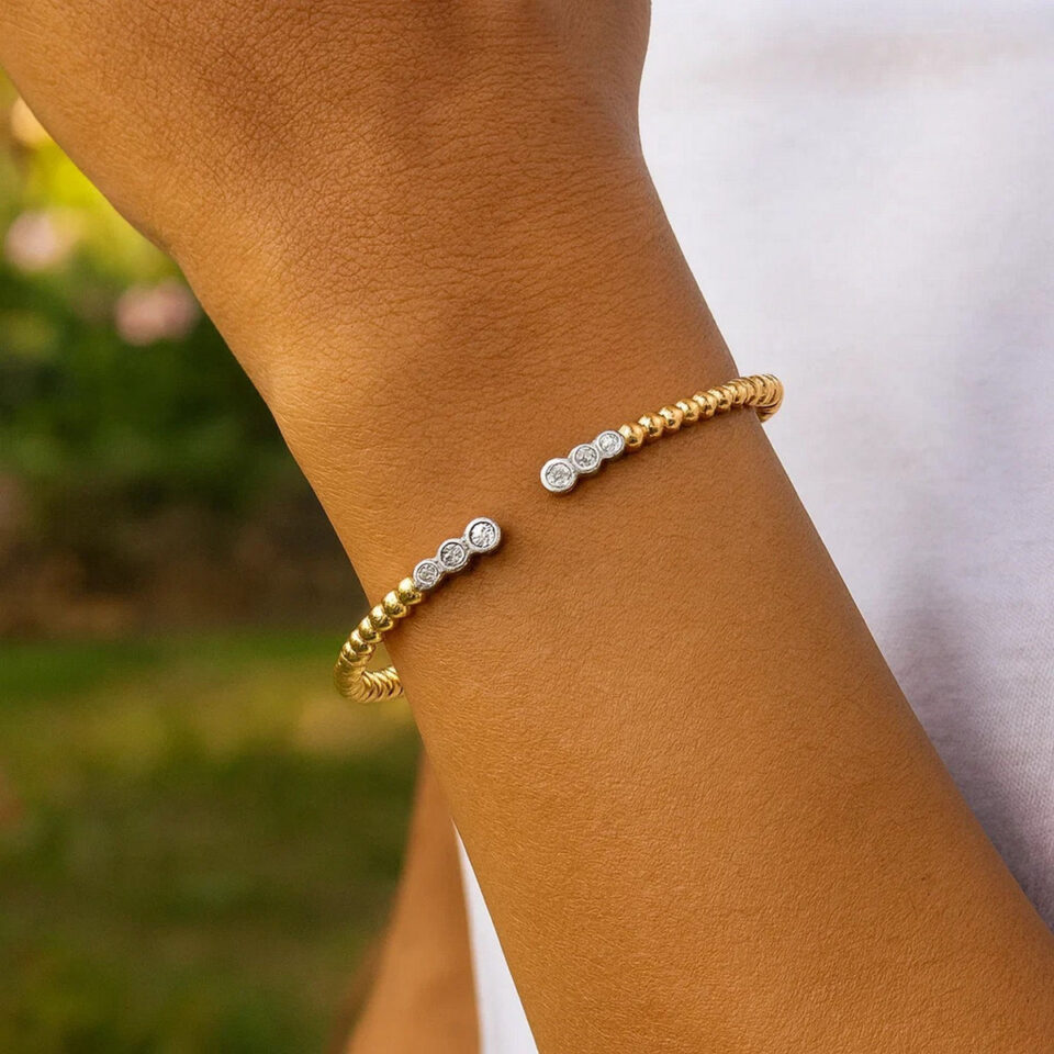 14K Two-Tone Gold Beaded Lab-Grown Diamond Bangle