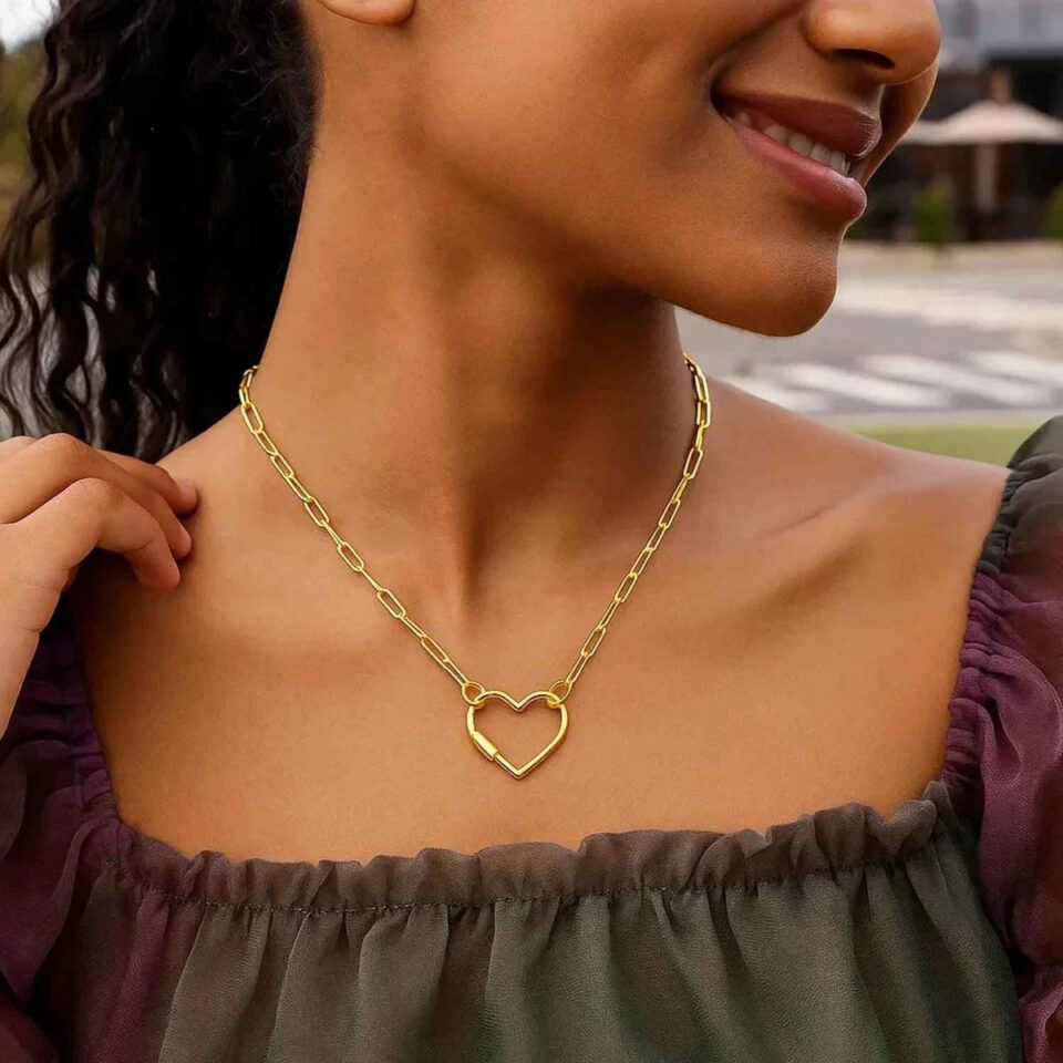Paperclip chain heart carabiner clasp necklace in solid 14K yellow gold, view 3