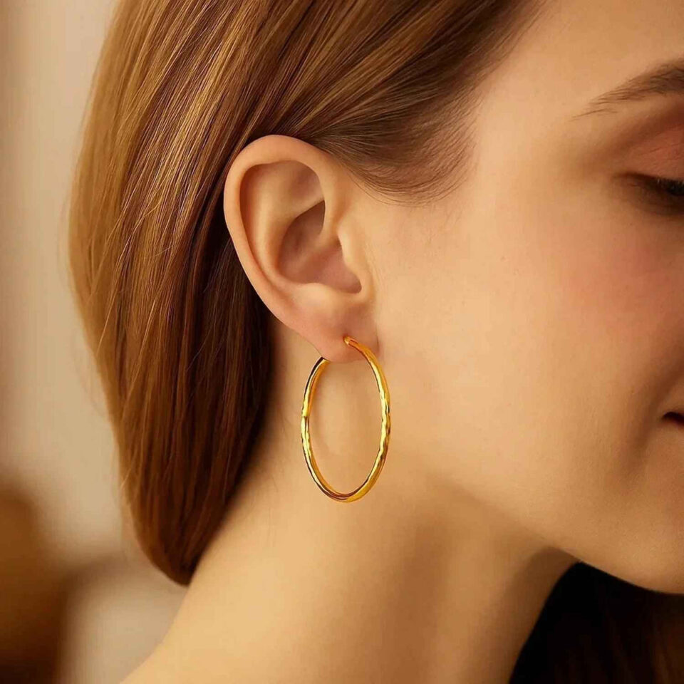 2x45mm hoop earrings in solid 14K yellow gold, view 2