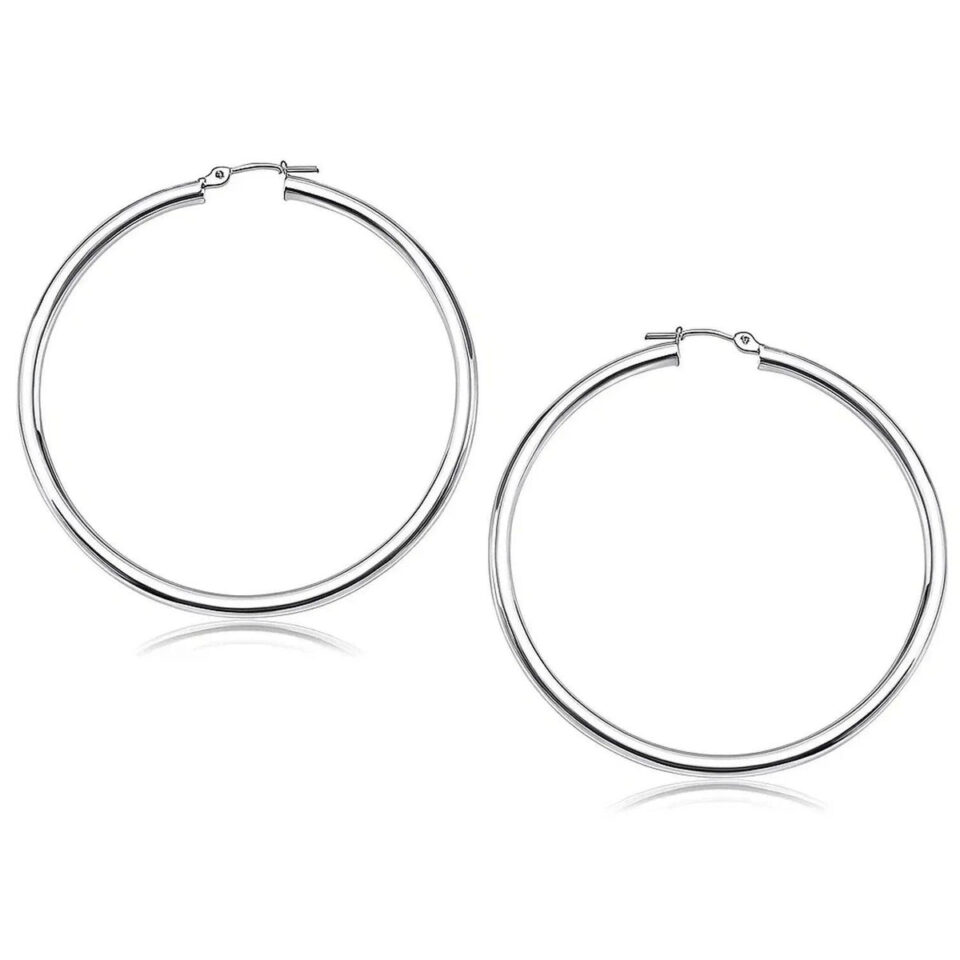 14K White Gold Polished Hoop Earrings 3x50mm