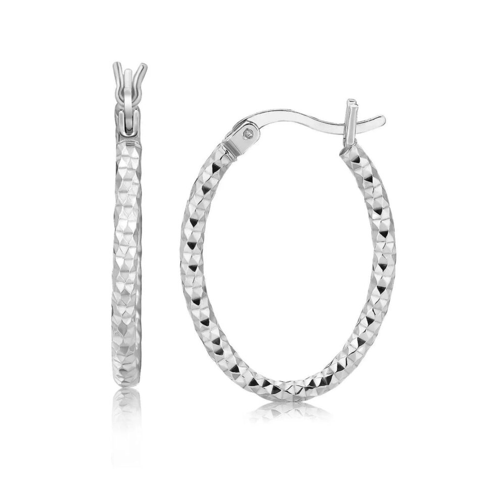 Sterling Silver Hoop Diamond-Cut Texture Rhodium Plating Earrings, 2 × 15 mm