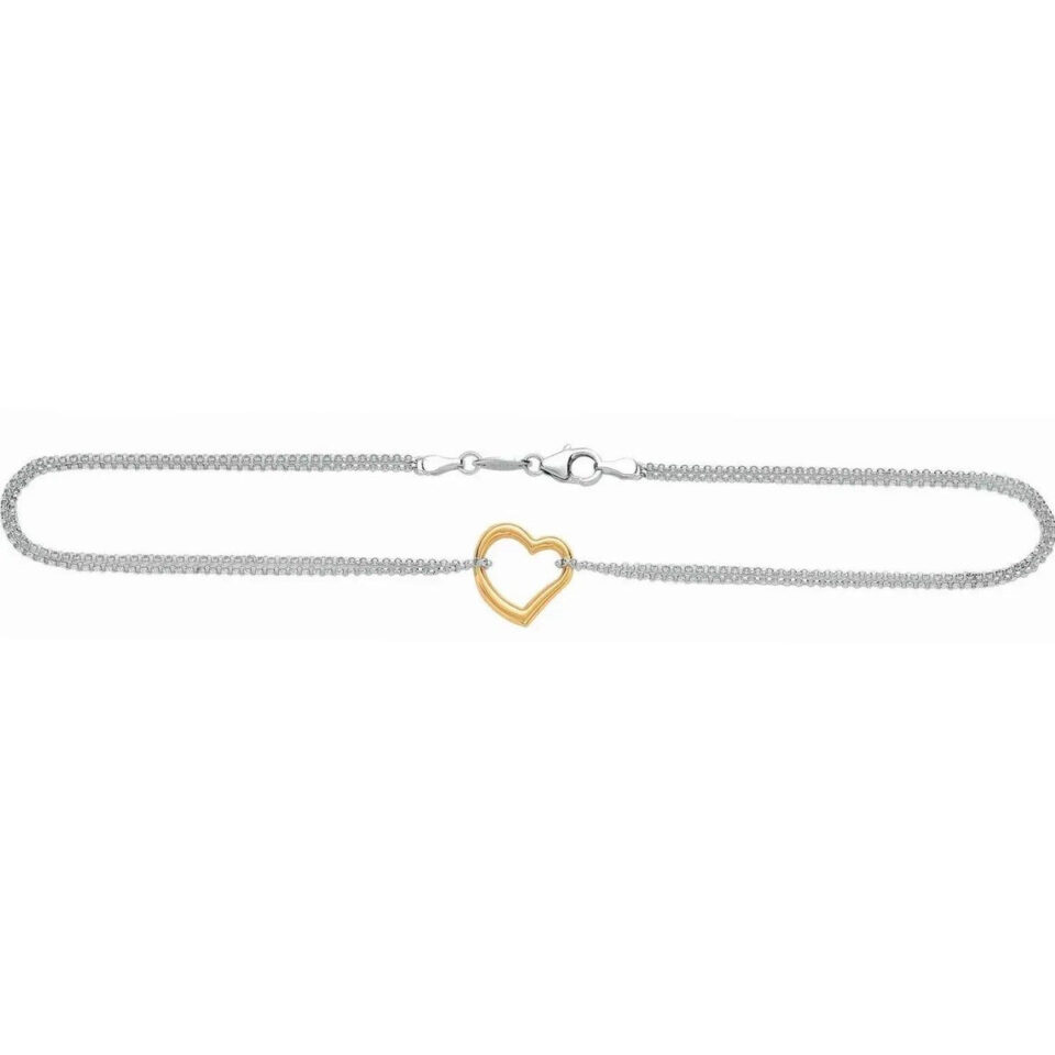 14K Gold And Sterling Silver Station Heart Anklet