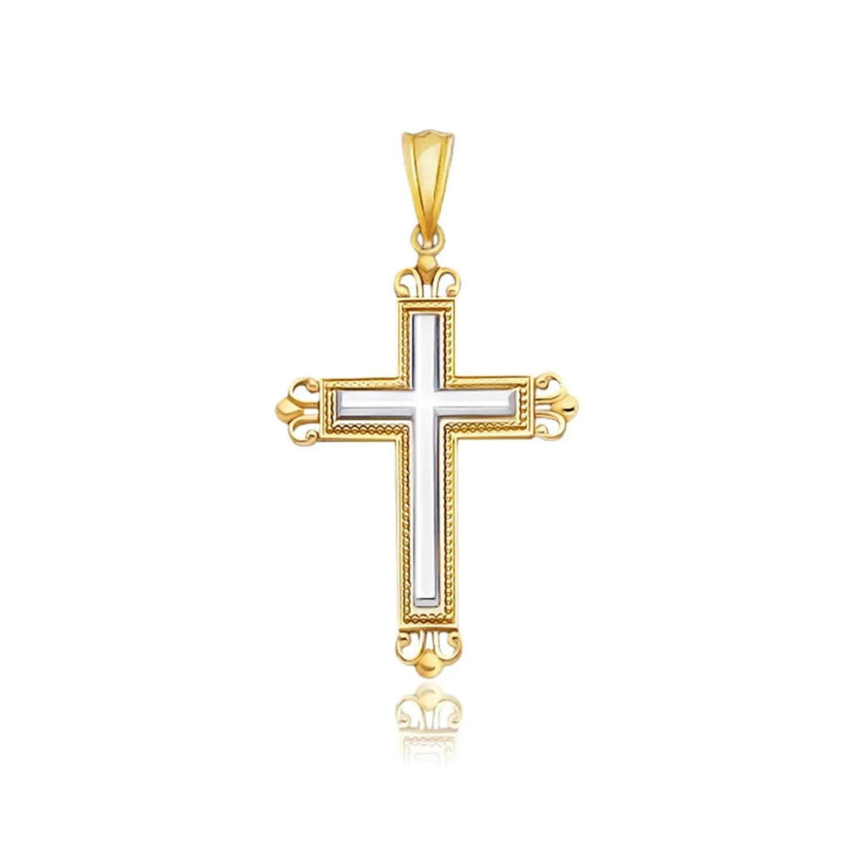 14K Two-Tone Gold Cross Pendant Ornate