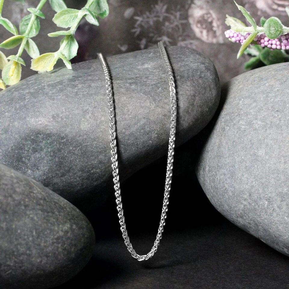 2.1mm wheat round chain in solid 14K white gold, view 4