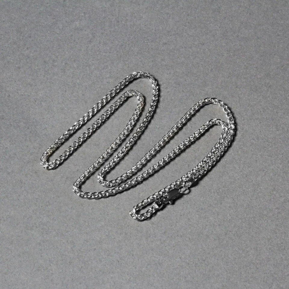 2.1mm wheat round chain in solid 14K white gold, view 5