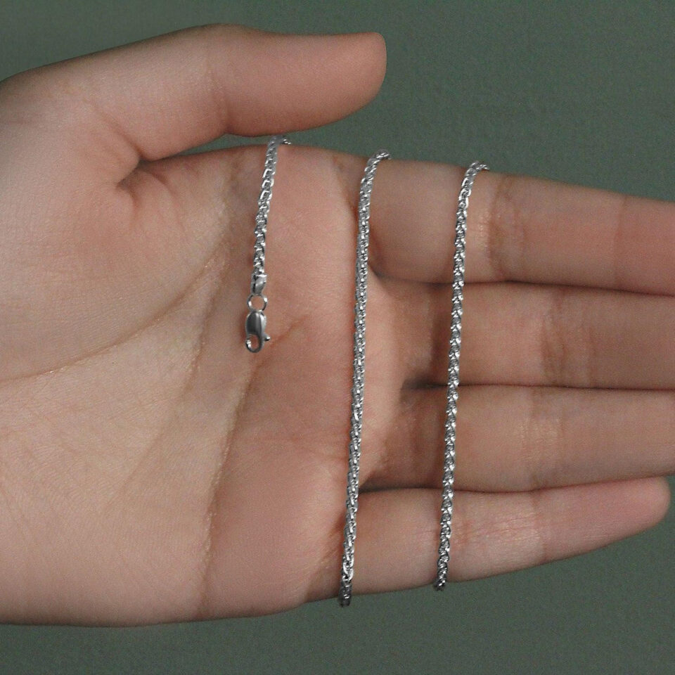 2.1mm wheat round chain in solid 14K white gold, view 8
