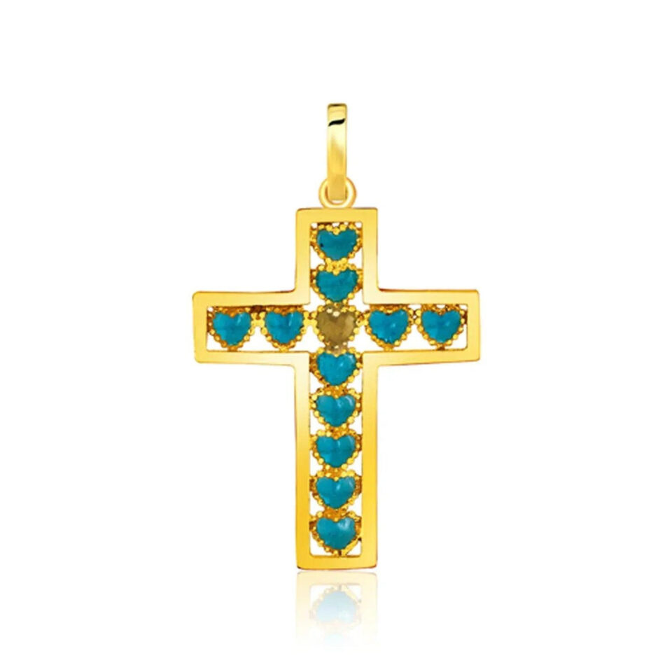 14K Yellow Gold Heart Cross Pendant