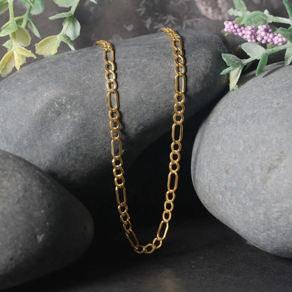 3.7 mm lite figaro chain in solid 10K yellow gold, view 4
