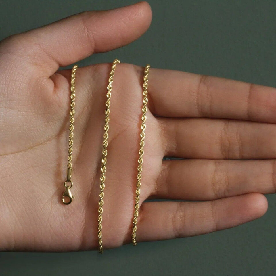 2 mm solid diamond-cut rope chain in solid 10K yellow gold, view 8