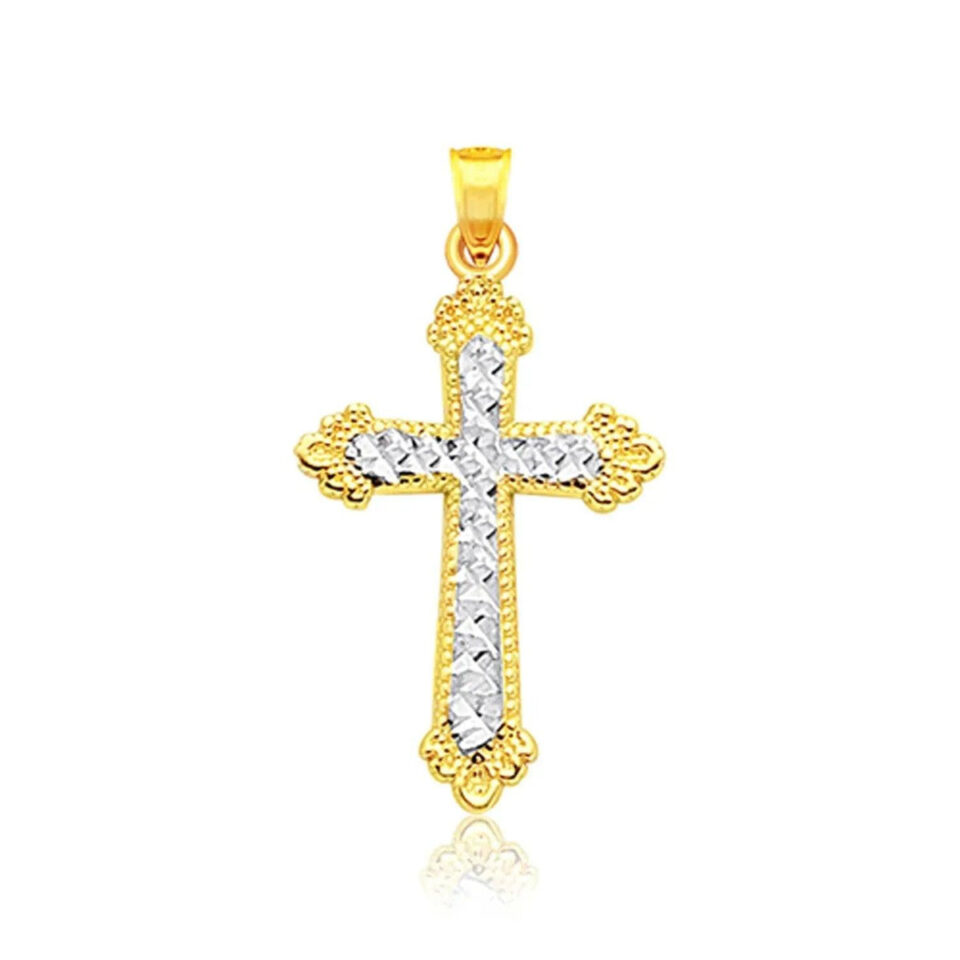 14K Two-Tone Gold Diamond-Cut Cross Pendant