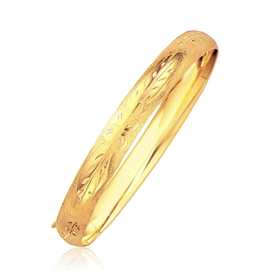 14K Yellow Gold Floral Carved Bangle, 8 mm