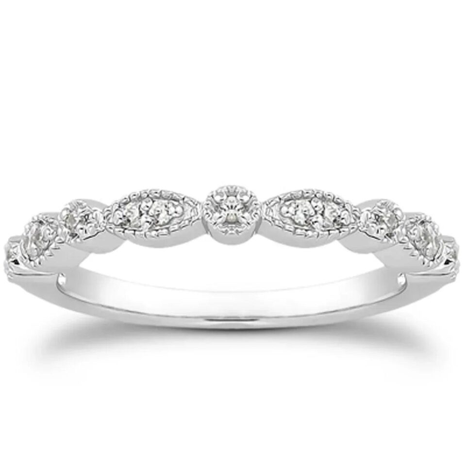 14K White Gold Milgrain Pave Lab-Grown Diamond Band Vintage