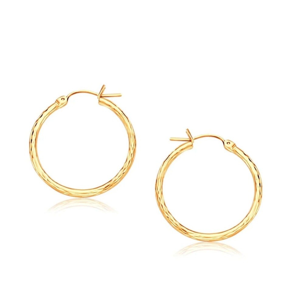 14K Yellow Gold Slender Hoop Diamond-Cut Earrings, 25 mm
