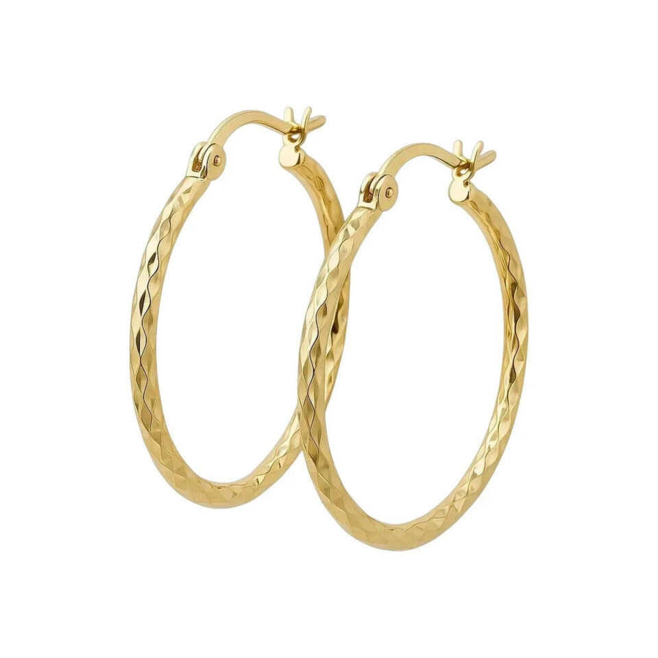 25 mm slender hoop diamond-cut earrings in solid 14K yellow gold, view 3