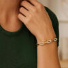 7 mm mother of pearl paperclip gem link bracelet in solid 14K yellow gold, view 2