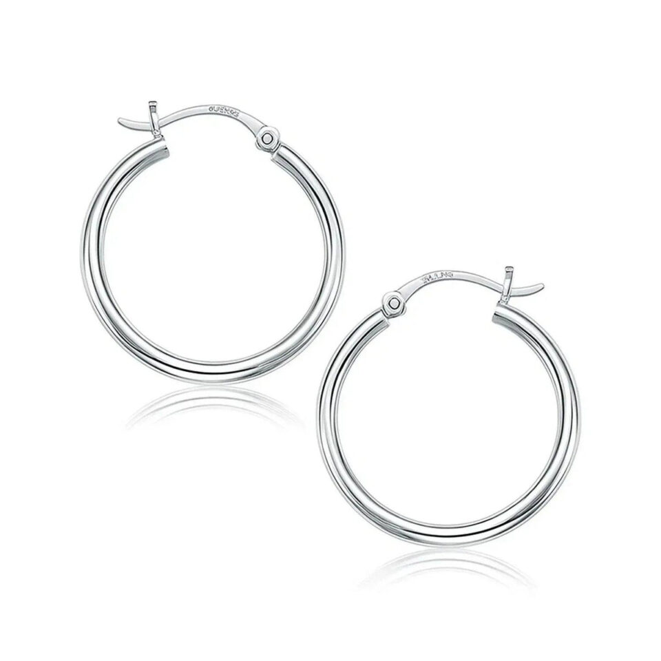 14K White Gold Polished Hoop Earrings 2x25mm