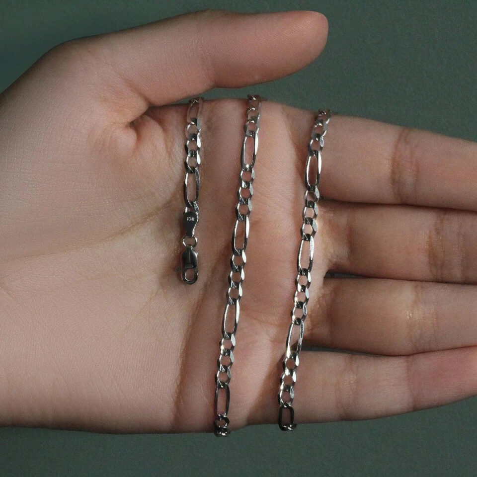 3.80mm figaro chain in solid 14K white gold, view 8