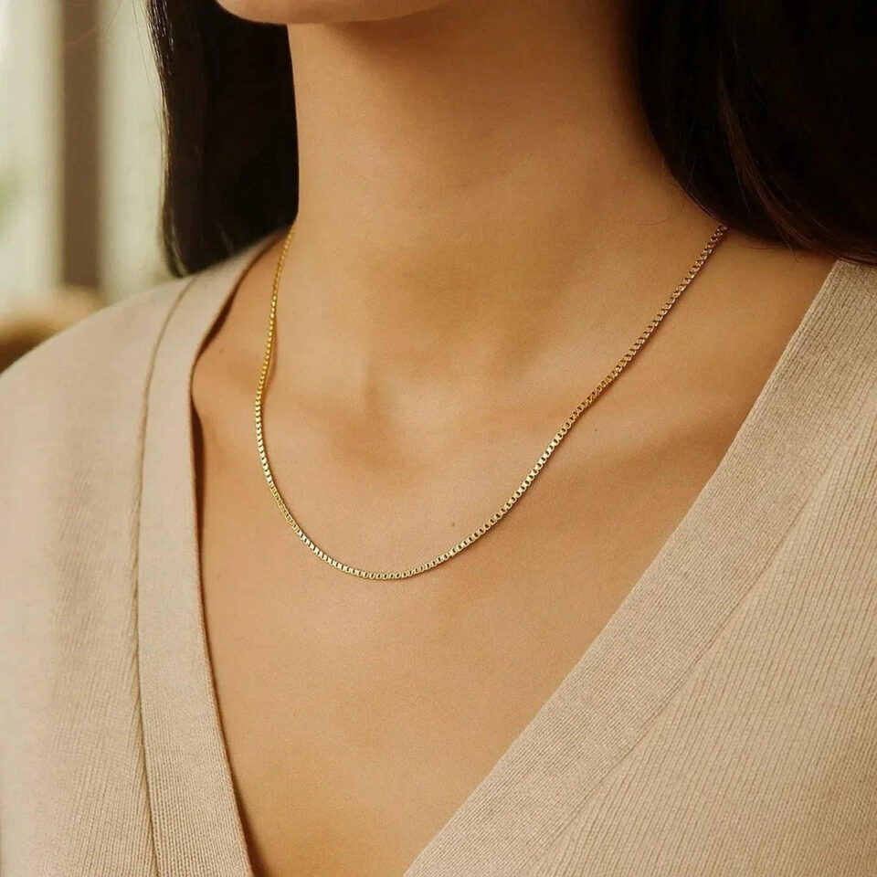 1 mm octagonal box chain in solid 14K yellow gold, view 6