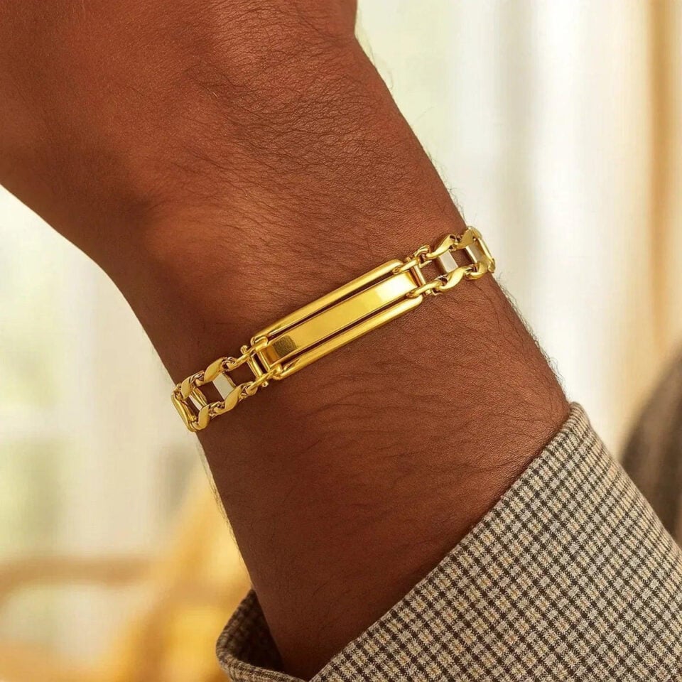 9.65 mm fancy bar curved connectors bracelet in solid 14K two-tone gold, view 5