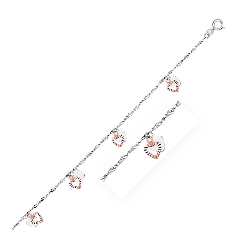 14K White And Rose Gold Heart Anklet