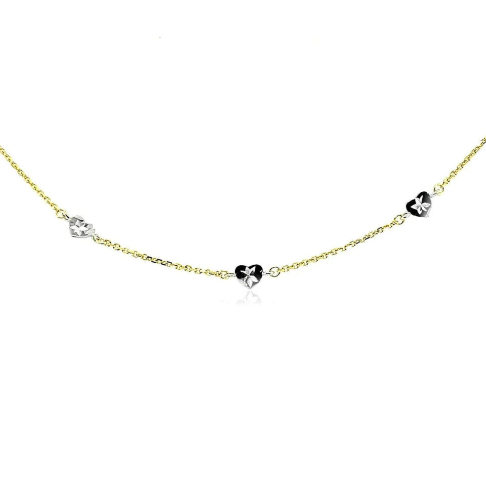 14K Two-Tone Gold Diamond-Cut Heart Anklet