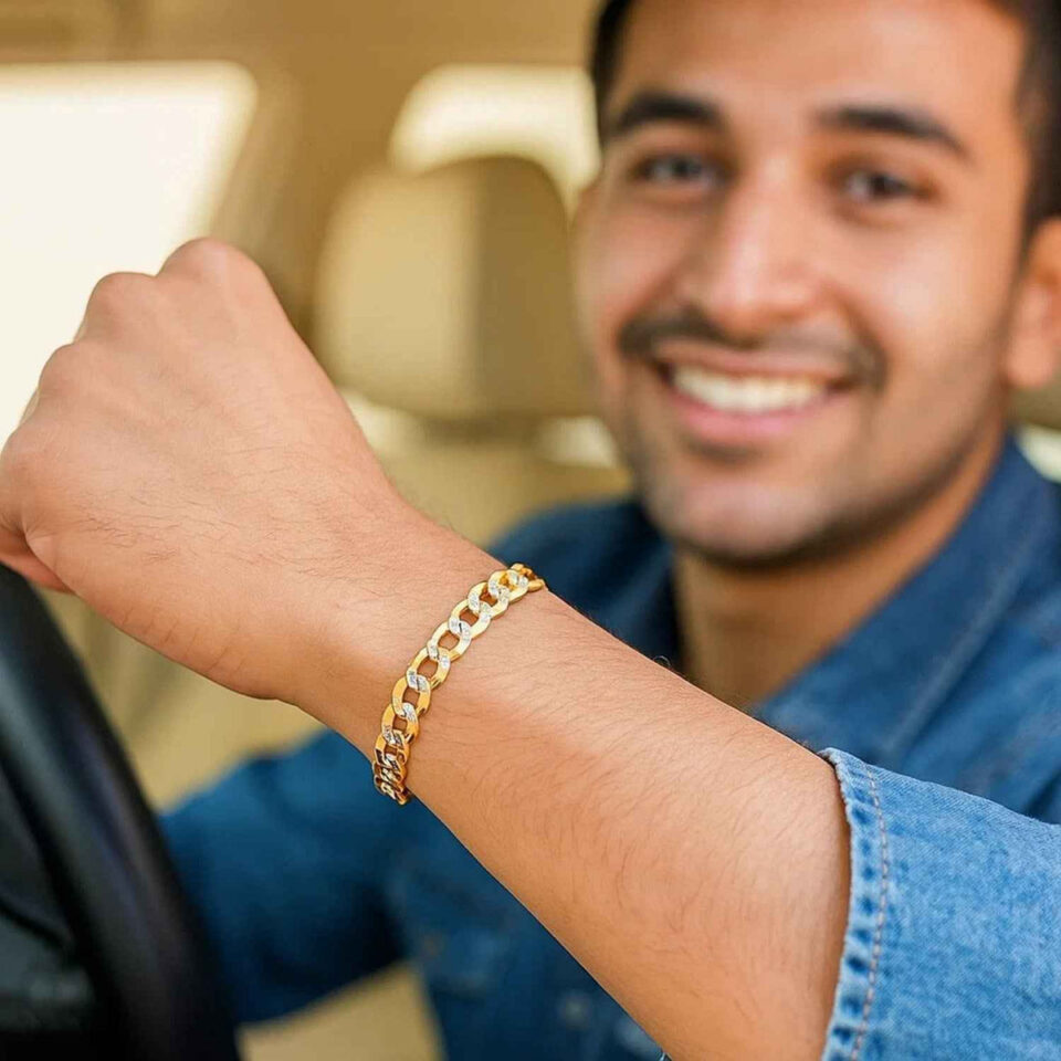 14K Two-Tone Gold Pave Curb Bracelet 7.00mm