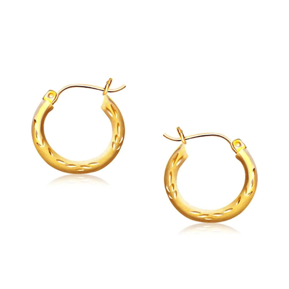 14K Yellow Gold Fancy Diamond-Cut Hoop Earrings, 3 × 15 mm