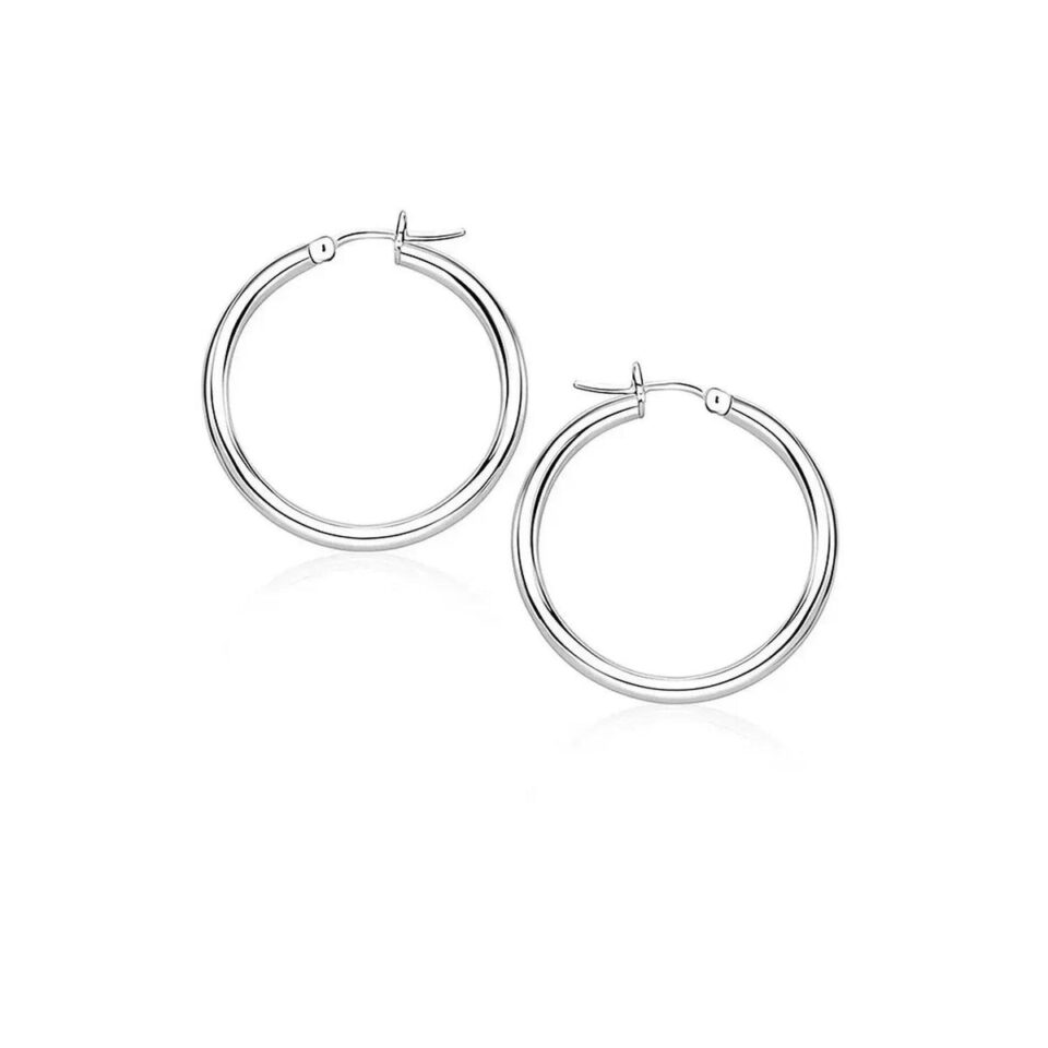 14K White Gold Polished Hoop Earrings 2x20mm