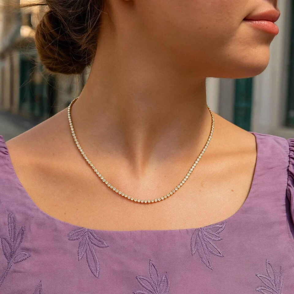 Tennis necklace in solid 14K two-tone gold, view 4